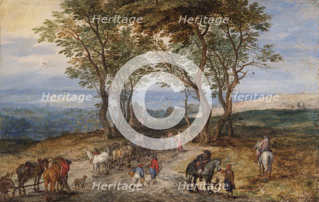 'Country Road Scene with Figures: a Man Praying at a Shrine', c1610. Artist: Jan Brueghel the Elder.