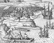 Battle in Jamaica between Christopher Columbus and Francisco Poraz, 1504 (1631). Artist: Theodore de Bry
