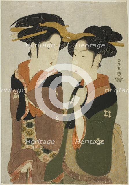 Kan, a waitress of the Izutsuya, and the geisha Fuseya of the Ogiya, c. 1794. Creator: Eishosai Choki.