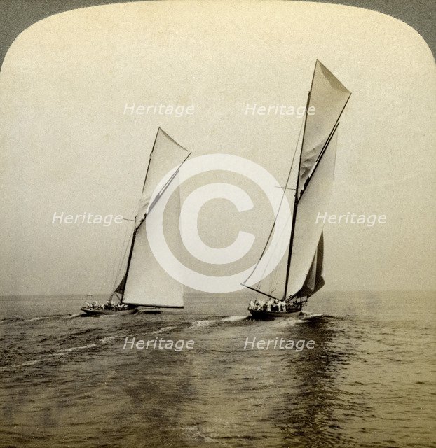 'Shamrock I' and 'Shamrock III' in a trial race off Sandy Hook, USA.Artist: Underwood & Underwood