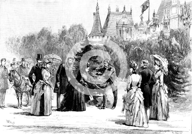 The Queen at Waddesdon Manor: Her Majesty planting a tree, 1890. Creator: R. Taylor.