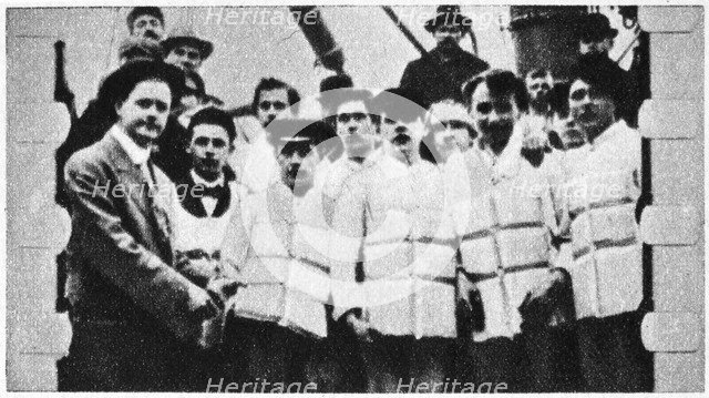 Members of the crew of the Titanic in their life jackets, 1912. Artist: Unknown