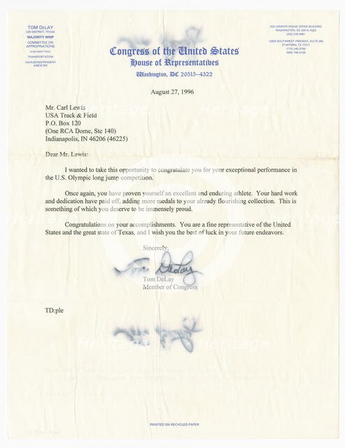 Letter from US Representative Tom DeLay to Carl Lewis, August 27, 1996. Creator: Unknown.