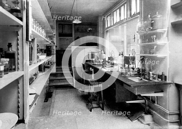 A laboratory, possibly at the Hahnemann Hospital and Homeopathic Dispensaries, Liverpool, [1910?]. Creator: Unknown.