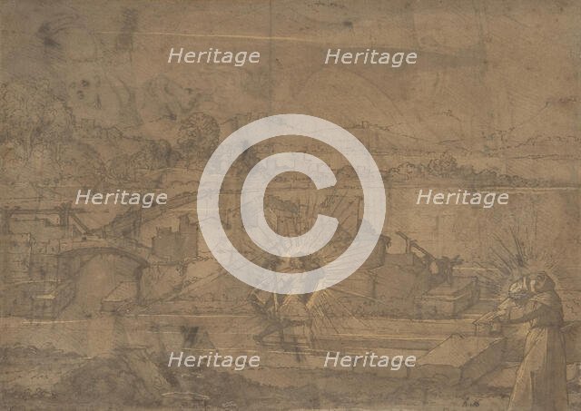 Landscape with Saint Christopher and Male Monastic Saint (recto)..., 16th century. Creator: Anon.