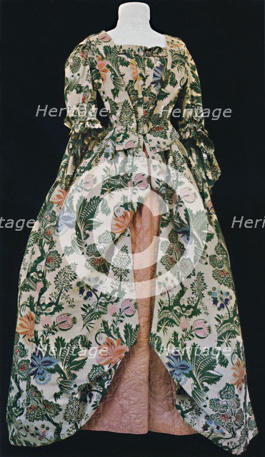 'Dress of Spitalfields silk, with pink satin quilted petticoat. Second half of eighteenth century',  Artist: Unknown.