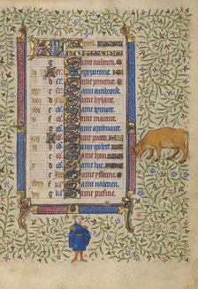 Calendar Page for April: Picking Flowers: Taurus; Book of Hours, about 1410.  Creator: Unknown.