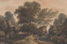 Figures Beside a Waterfall and Pool in a Wooded Landscape, 1812. Creator: John Varley I.