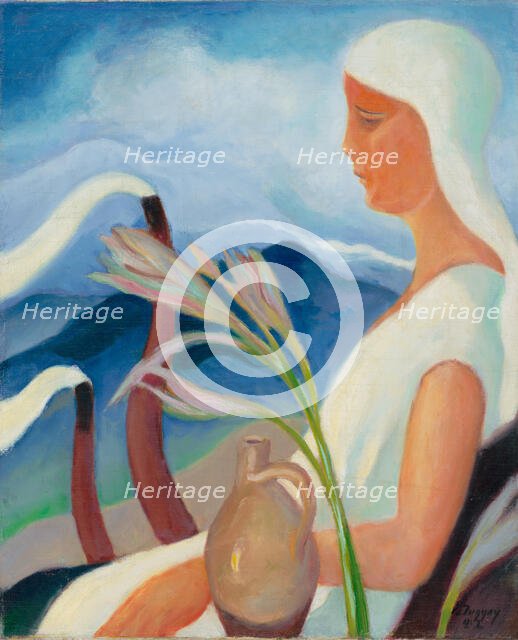 Girl in White with Factory Chimneys and Flowers, 1932. Creator: Zolo Palugyay.