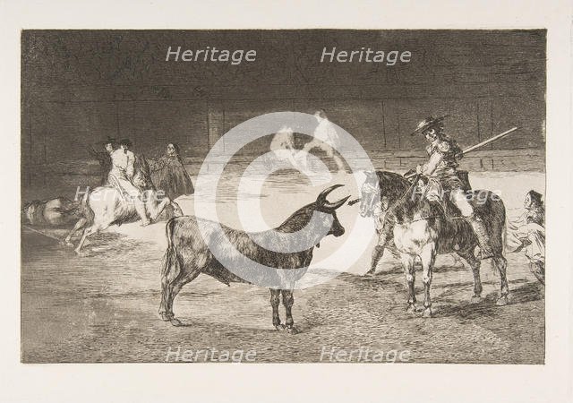 Plate 27 from the 'Tauromaquia': The celebrated picador, Fernando del Toro, draws the fier..., 1816. Creator: Francisco Goya.