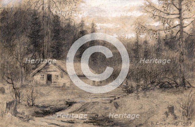 A Lodge in the Taiga near the Village of Baranchiki by the Baikal Station. Workers Building..., 1904 Creator: Boris Vasilievich Smirnov.