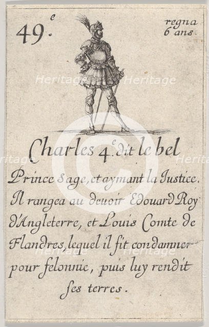 Charles 4.e- dit le bel / Prince sage..., from 'Game of the Kings of France' (Jeu des Rois..., 1644. Creator: Stefano della Bella.