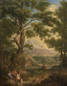 Arcadian landscape, children with a bird and a dog in left foreground, 1771.  Creator: Juriaan Andriessen.