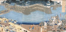 Triptych showing a fort being built by River Kunigos,  Edo period (1603-1868). Creator: Japanese School (Edo Period).