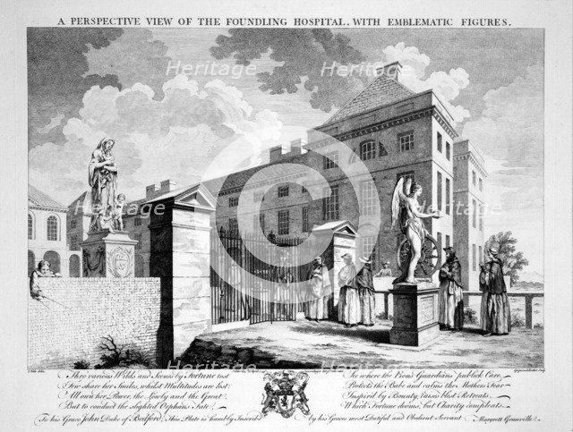 'A Perspective View of the Foundling Hospital with Emblematic Figures', 1749. Artist: Charles Grignion