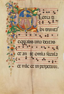 Manuscript Leaf with the Trinity in an Initial G, from an Antiphonary, second half 15th century. Creator: Master of the Riccardiana Lactantius.