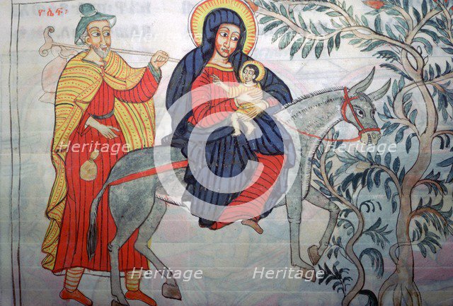 Ethiopian illustration of the Flight into Egypt, 1664. Artist: Unknown