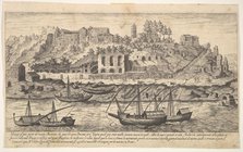 Plate 21: view from the west of ruins of the Aventine Hill, Rome, with boats on the river ..., 1606. Creator: Aegidius Sadeler II.