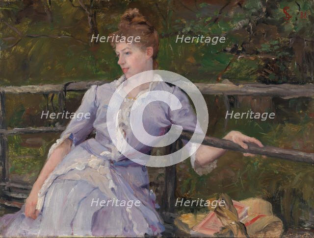 Young Woman on a Garden Bench, 1888. Creator: Georgia Elise Schjelderup.