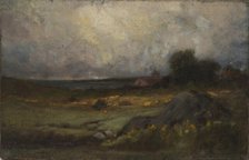 Untitled (landscape with rock in foreground and roof with steeple, lake in background), n.d. Creator: Edward Mitchell Bannister.