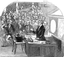 Michael Faraday lecturing on electricity and magnetism, Royal Institution, London, 1846. Artist: Unknown