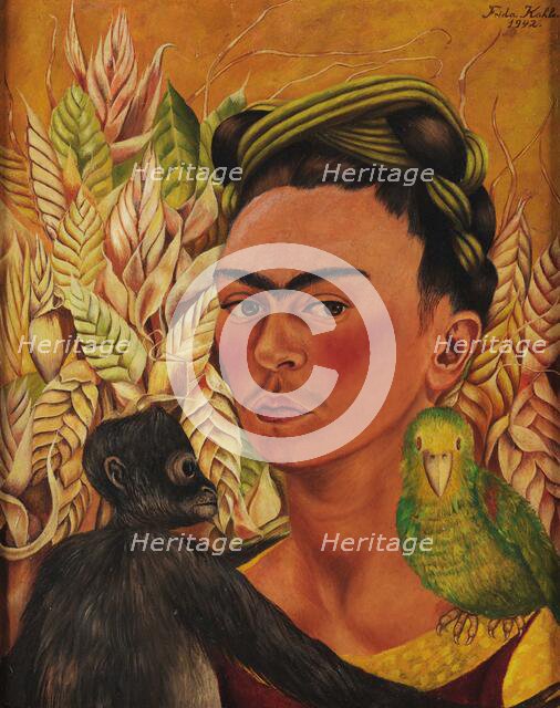 Self-Portrait with Monkey and Parrot, 1942. Creator: Kahlo, Frida (1907-1954).