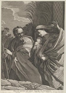 The Flight into Egypt; the Virgin carrying the infant Christ, Joseph pointing to th..., ca. 1635-57. Creator: Samuel Bernard.