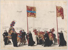 Plate 32: Men with heraldic flags and horses from Overijssel and Utrecht marching in the f..., 1623. Creator: Cornelis Galle I.