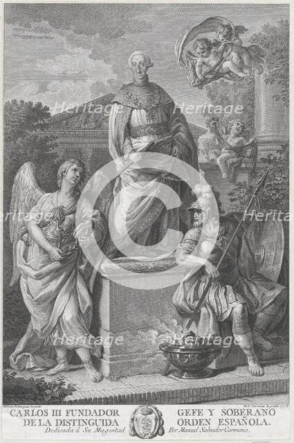Allegorical portrait of Carlos III standing on a pedestal flanked by figures (War and Peac..., 1778. Creator: Manuel Salvador Carmona.