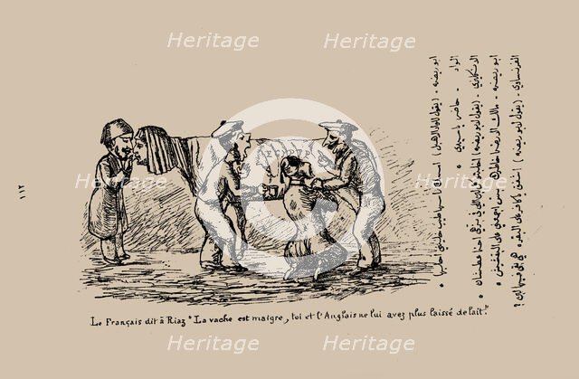 The Frenchman says to Riaz, "The cow is meagre, you and the British have not left any milk in it". C Creator: Sanua (Sanu, Sannu), James (Yaqub, Jacques), (Abou Naddara) (1839-1912).
