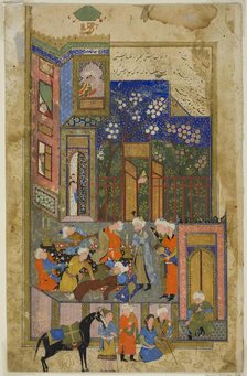 Judge (Qazi) of Hamadan in a Drunken State, a scene from the Gulistan of Sa'di, about 1550. Creator: Unknown.