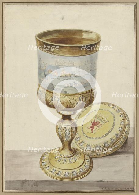 Gold cup with lid, given to Cornelis de Witt on the occasion of the journey to Chatham, 1667, 1748. Creator: Aert Schouman.