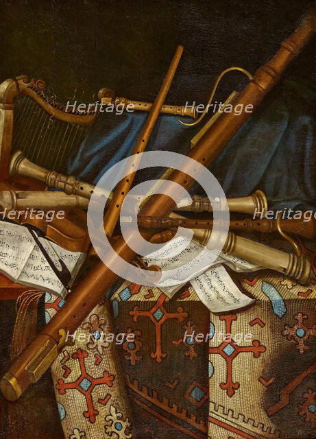 Still life with musical instruments and sheets music, First Half of 17th cen.. Creator: Benedetti, Andrea (c. 1615-c. 1649).