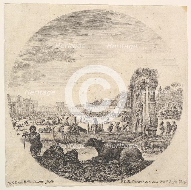 Plate 2: Campo Vaccino, a buffalo and two shepherds in center, the Fontanone to rig..., ca. 1643-48. Creator: Stefano della Bella.