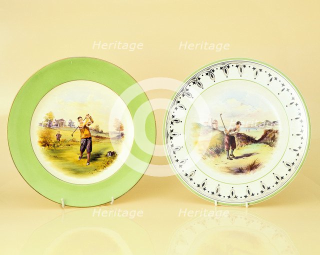 Plates featuring images of golfers, 1931-1932. Artist: Wedgwood
