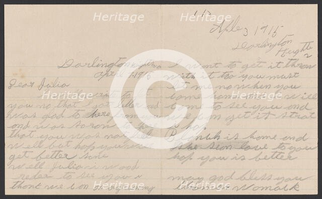 Letter from Thomas Womack to Julia Womack with envelope, April 7, 1915. Creator: Thomas Womack.