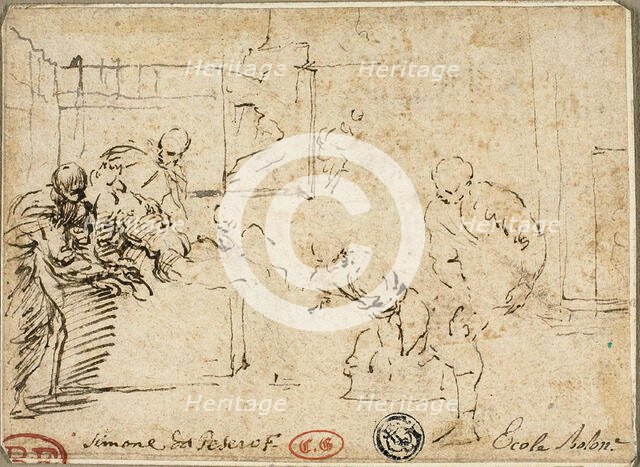 Interior with Male Nude Surrounded by Five Figures, n.d. Creator: Simone Cantarini.