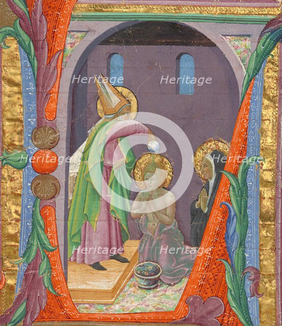 Saint Ambrose baptising Saint Augustine, Cutting from a Choir Book, about 1430.  Creator: Master of the Osservanza Triptych.