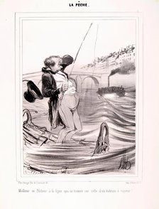 La Pêche. Malheur au Pêcheur à la ligne...1840. Creator: Honore Daumier.