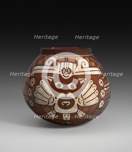 Vessel Depicting a Costumed Ritual Performer Holding a Staff and a Trophy Head, 180 B.C./A.D. 500. Creator: Unknown.