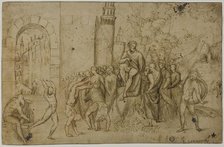 Acrobats Performing Before a Ruler (recto); Outdoor Scene with Group of Figures (verso), c. 1510. Creator: Pordenone.