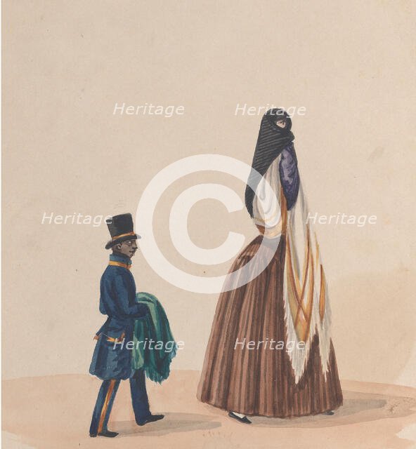 An elegantly dressed woman and her page, from a group of drawings depicting Peruvian..., ca. 1848. Creator: Attributed to Francisco (Pancho) Fierro.