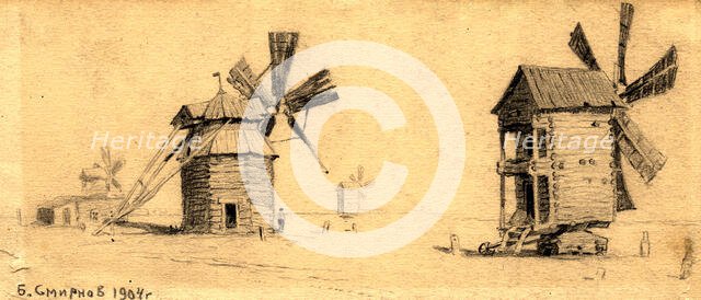 Windmills on the Baraba Steppe near Omsk, 1904. Creator: Boris Vasilievich Smirnov.