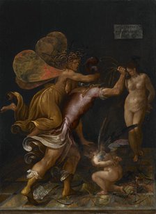 The chastisement of love (Cupid is whipped by Mars, pursued by a fury), End of 16th century. Creator: Mainardi, Camillo (1544/49-1608).