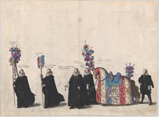 Plate 51: Courtiers with jousting equipment marching in the funeral procession of Archduke..., 1623. Creator: Cornelis Galle I.