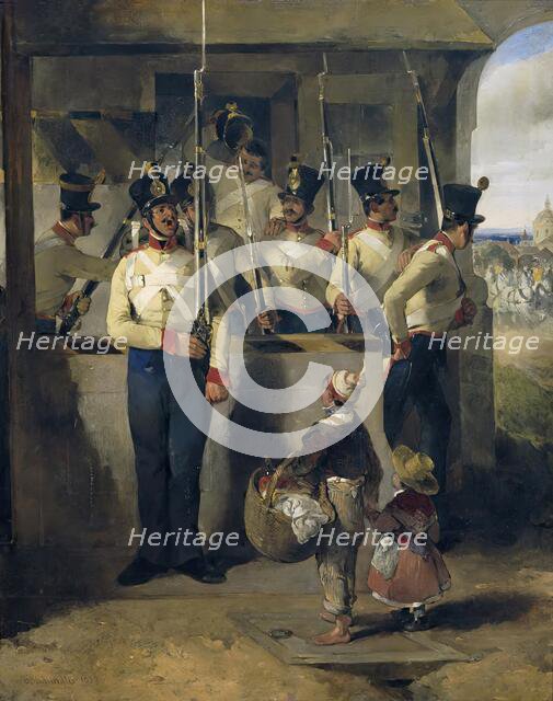 The sentinel, shouting into the rifle ("Rifle out!"), 1839. Creator: Carl Schindler.