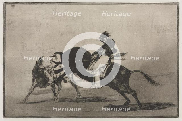 Bullfights: The Same Ceballos Mounted on Another Bull Breaks Short Spears in the Ring…, 1876. Creator: Francisco de Goya (Spanish, 1746-1828).