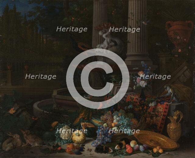 Still Life with Vegetables before a Draped, Overturned Plinth by an Ornamental Fountain, 1680-1690. Creator: Peeter Gysels.