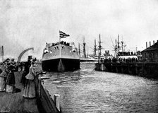 Floating of H.M.S. "Majestic" at Portsmouth, January 31, 1895. Creator: Symonds.