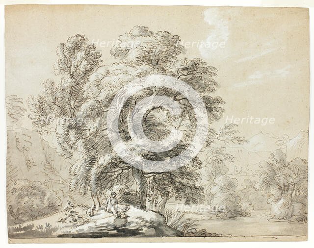 Man and Dog Seated Below Trees by River, n.d. Creator: Paul Sandby.